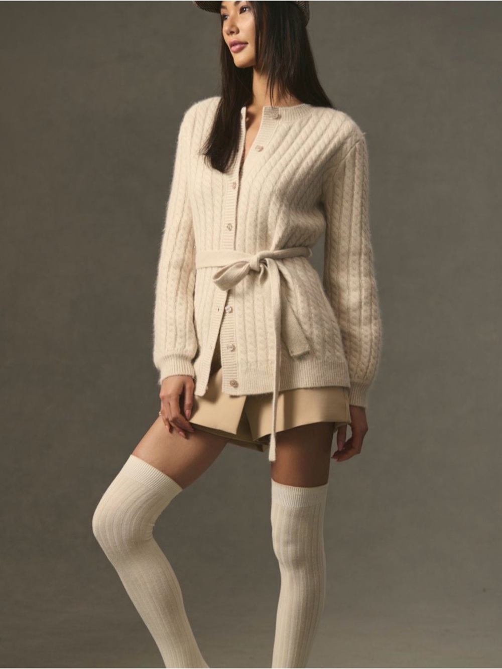 Favorite Daughter the Ginger cardigan sweater (Belted Cable-Knit Cardigan-Beige)